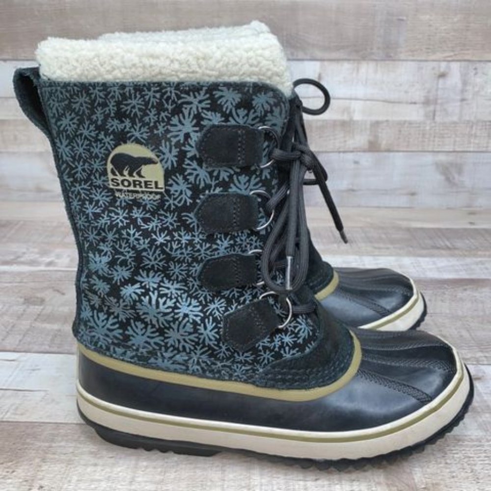 Sorel Waterproof Leather Blue Snowflake Size 8